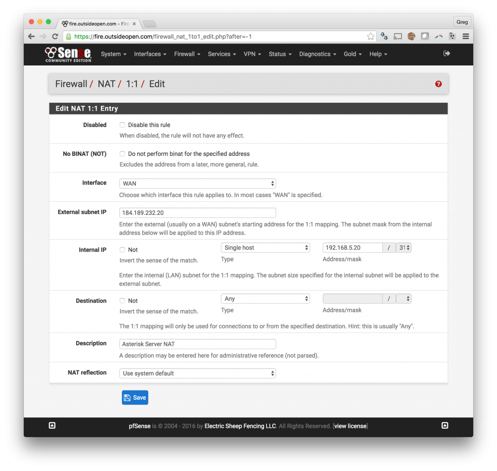 pfSense firewall 1:1 NAT Asterisk